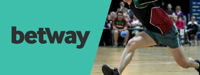 Logo of Betway chosen as the best bookmaker for user experience next to a player on a court