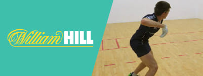 Logo of William Hill chosen as the best bookmaker for GAA handball free bets next to an image of a handball player in action