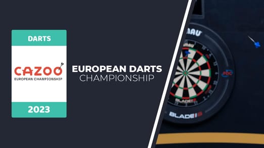 dart hitting the bulls eye next to the words Professional Darts Corporation and the logo of the Cazoo sponsored European Championship of Darts