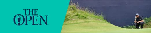 A banner featuring the coat of arms of the British Open and next to it is an image of a golfer examining the golf course