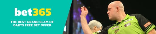 logo of bet 365 which is chosen for the best betting offer for Grand Slam of darts next to a photo of Michael van Gerwen throwing a dart during the tournament