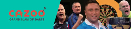 logo of the Grand Slam of Darts and a photo of the top players of the tournament