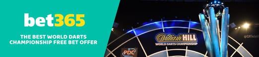 Logo of bet 365 chosen as the tournament best free bet offers and a photo of a dart board and trophy