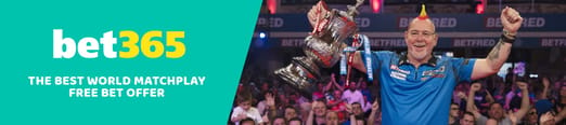 2 part original banner having the words "bet365" and "The best World Matchplay free bet offer"on the left side and an image of a #2 ranked PDC darts player Peter Wright lifting the World Matchplay trophy and spectators in the background