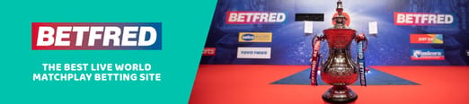 2 part original banner having the words "BETFRED" and "The best live World Matchplay betting site"on the left side and an image of the World Matchplay trophy on the right hand side