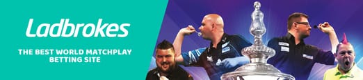 2 part original banner having the words "Ladbrokes" and "The best World Matchplay betting site"on the left side and an image of a selection of current top World Match Play players on the right section of the banner