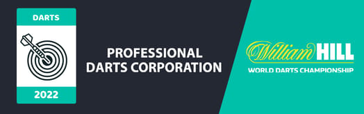 dart hitting the bulls eye next to the words Professional Darts Corporation and the logo of the William Hill World Darts Championship