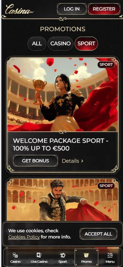 Casina-sports bonus page displaying bonus amounts