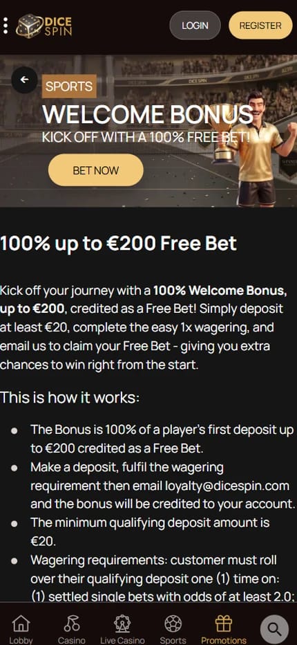 DiceSpin sports welcome bonus page offering a 100% free bet up to €200, with a Bet Now button, a €20 minimum deposit and a 1x wagering requirement shown in the offer text
