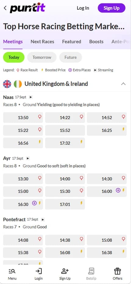 Puntit horse racing page with today