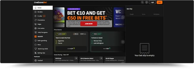 LivescoreBet homepage with the bet €10 get €50 in free bets welcome offer and price boosts