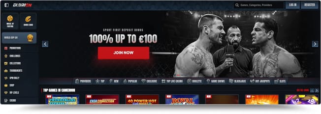 Glorion Sport homepage showing the 100% up to €100 first deposit bonus