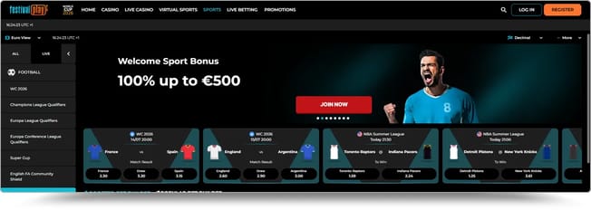 FestivalPlay sportsbook homepage with the 100% up to €500 welcome sport bonus and World Cup 2026 odds