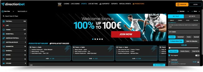 DirectionBet sportsbook homepage with the 100% up to €100 welcome bonus and boosted bet builder odds
