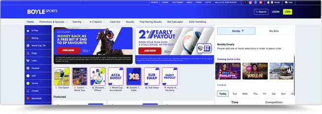 BoyleSports homepage with money back specials, early payout offer and Irish horse racing markets